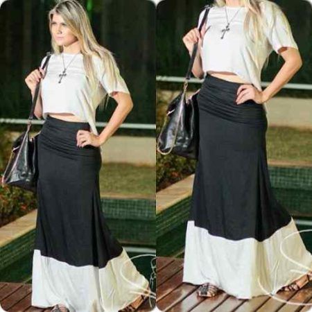 cropped e saia longa preto e branco