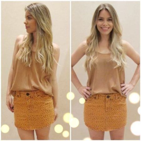 saia jeans curta animal print e blusinha regatinha chiffon