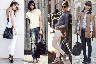 como usar bolsa saco com calça e sapatos de salto