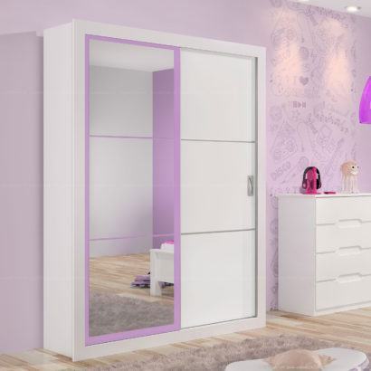 guarda roupa branco e lilas com espelho e porta de correr