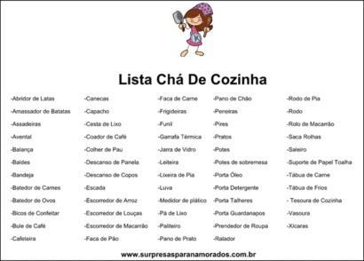 lista cha de panela ou cha de cozinha