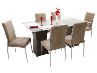 mesa de jantar seis lugares com cadeiras claras