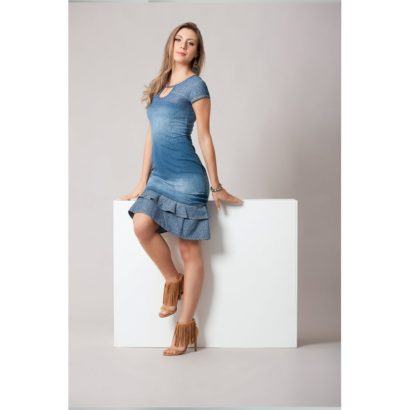 vestido jeans com babado moda evangelica