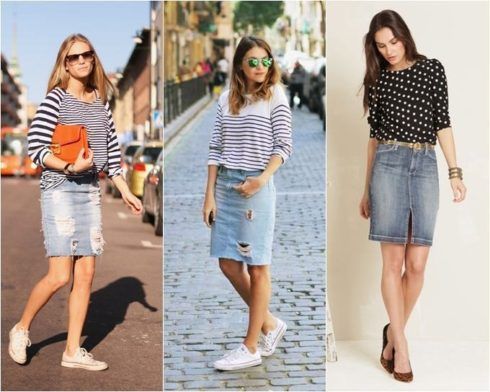 looks saia jeans com tenis e blusinhas listradas