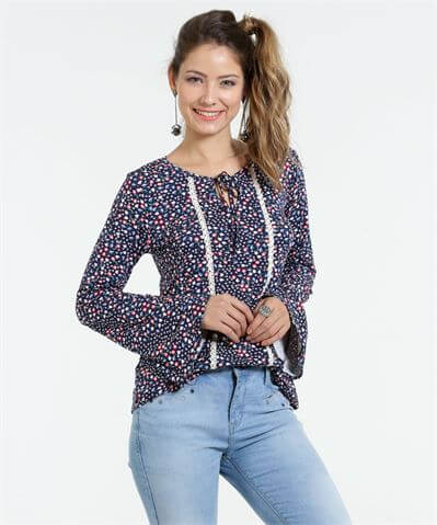 blusa manga longa floral com lacinho