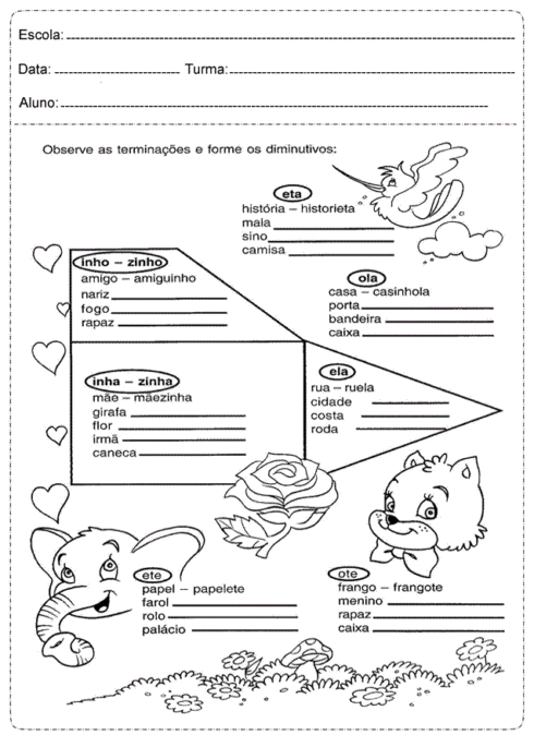 Atividades com diminutivos zinho zinha eta ola ela ele e ote