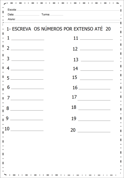 números por extenso 1 a 20