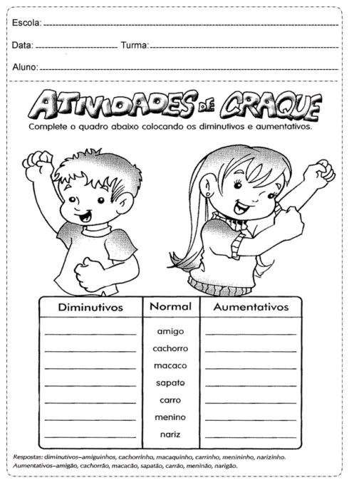 atividade com aumentativo e diminutivo