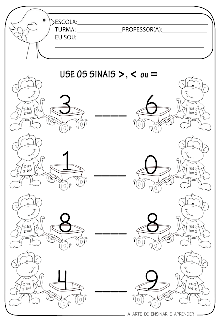 Atividade de Matemática Sinais de Maior e Menor, de Igual e Diferente, e  Sinal de U (União)