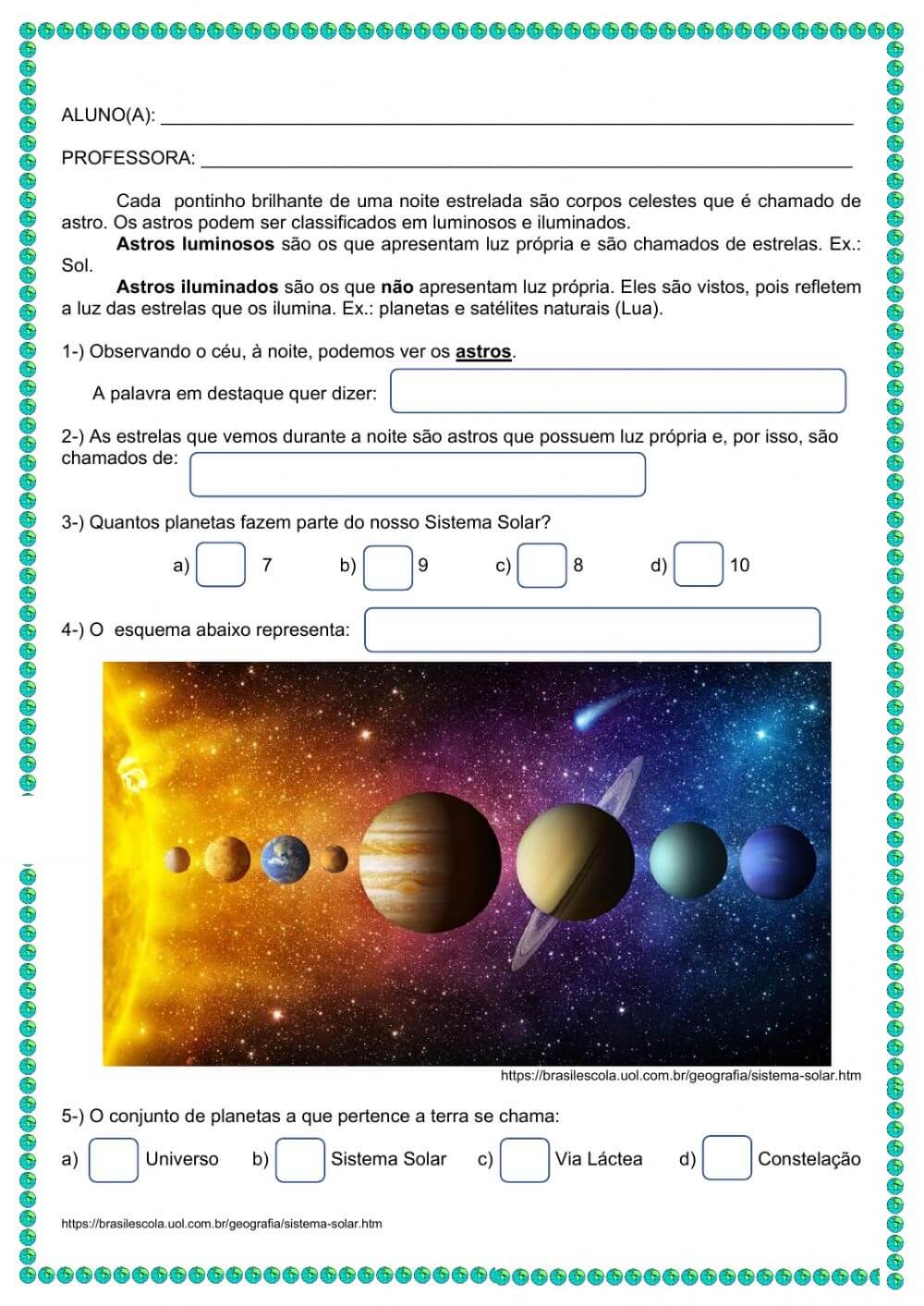 Atividades sobre os planetas do sistema solar 4º e 5º ano